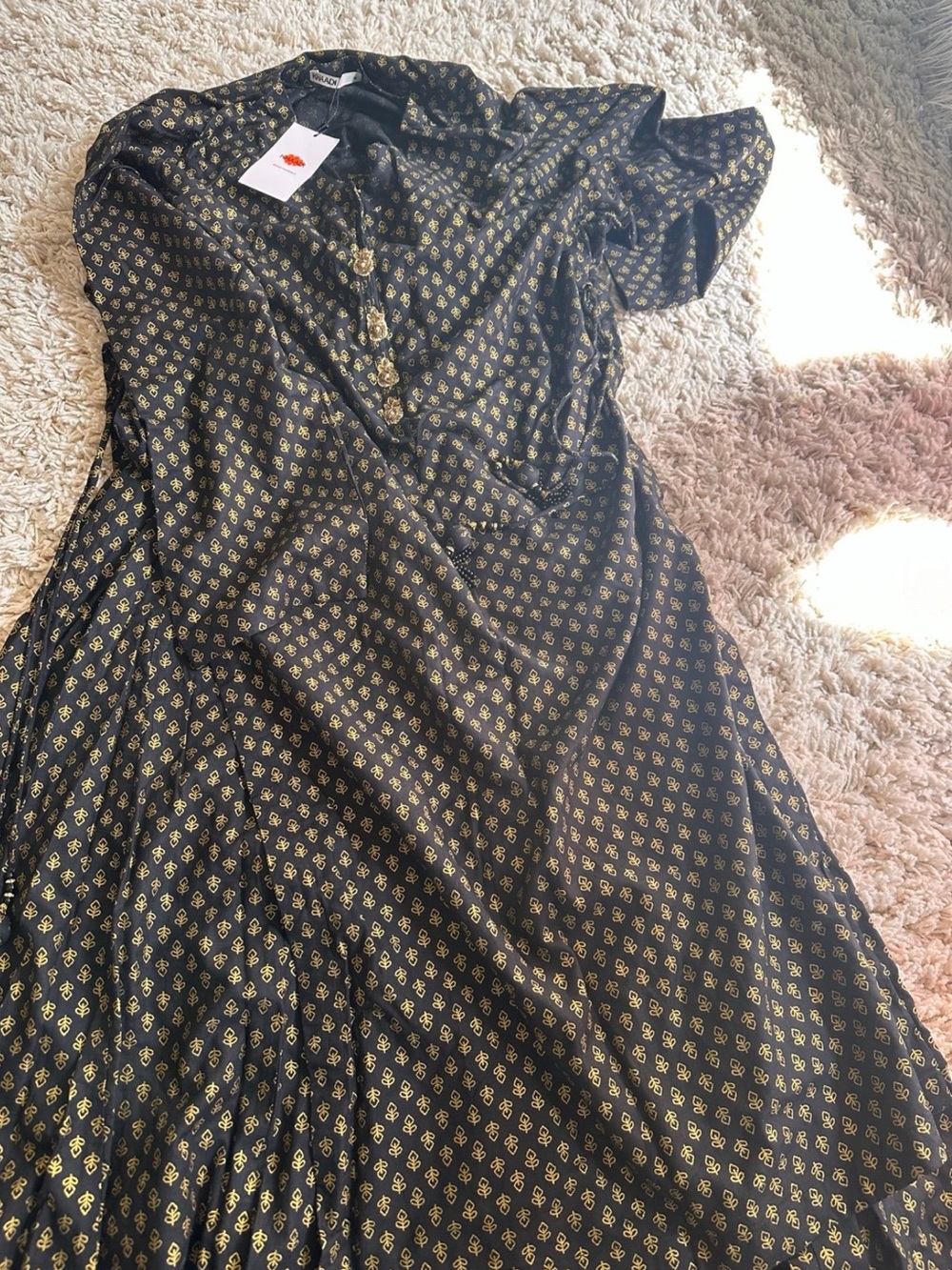 Khaadi Black &Gold Printed Kurta with attached skirt, comes with Fuchsia dupatta